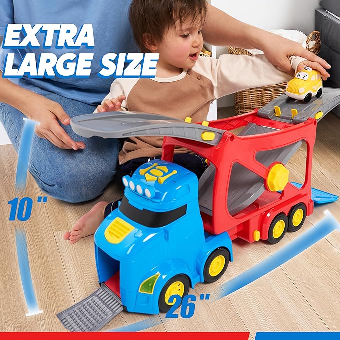 Vroomix Extra Large Toy Trucks for Toddlers, 3-Layer City Trucks for Kids, 7-in-1 Big Transport Carrier Truck with Siren & Lights and 6 Toy Cars, Christmas Birthday Gifts for Boys Girls