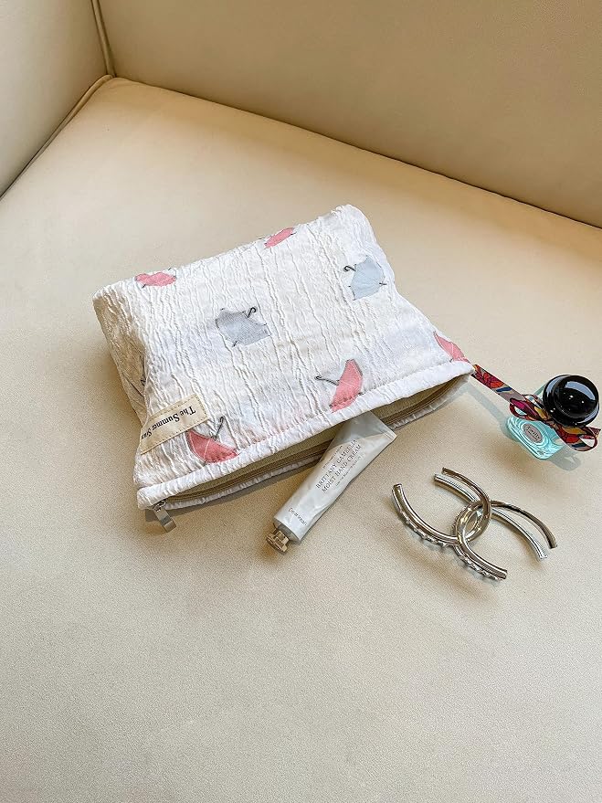 The Summer Swan | Large Aesthetic Floral Mid-day Clutch Period Kit Hygiene Skincare Cute Makeup Bag (Umbrella White)