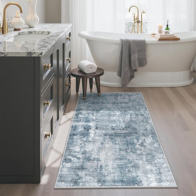 Soalmost 2x4 Abstract Washable Rugs for Entry, Kitchen Area Rug Blue/Grey | Small Non-Slip Vintage Low Pile Throw Door Mat For Bathroom Entryway Laundry, Stain Resistant Indoor Entrance Floor Carpet