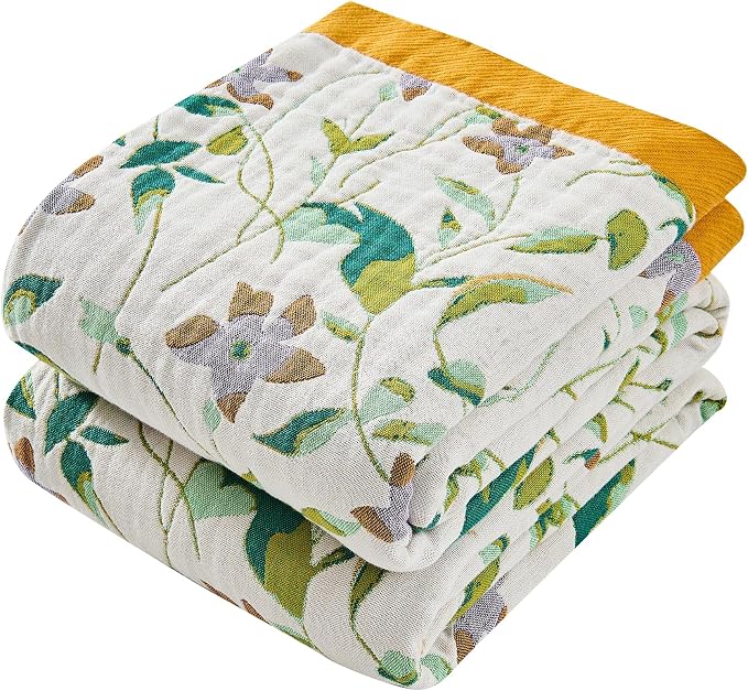 VANJOROY Boho Throw Blanket, 100% Organic Cotton Breathable Skin-Friendly Ultra Soft 60" x 80" Bed Quilt Throw - Floral Rustic Decor Luxury Reversible Blanket for Sofa Couch Chair and Gift,
