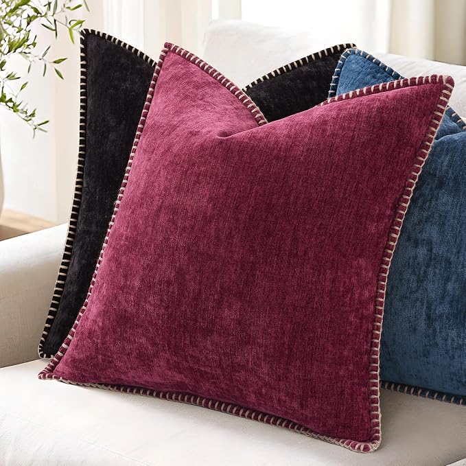 decorUhome Soft Chenille Throw Pillow Covers 16x16 Set of 2 Black | Fall Textured Decorative Throw Pillow Cases Stitched Edge Modern Farmhouse Luxury Boho Velvet for Couch Sofa Bed Home Decor
