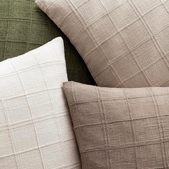 Foindtower Set of 2 Decorative Linen Check Throw Pillow Covers Neutral Farmhouse Vintage Cushion Covers Modern Boho Home Decor for Sofa Chair Couch Bedroom Living Room,22×22 Inch,Tan Taupe