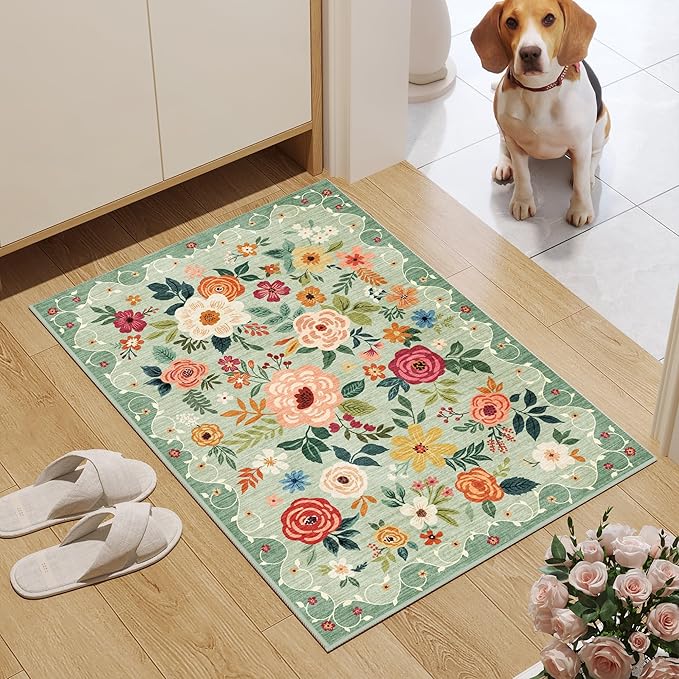 DUKINO 2x3 Rug, Floral Washable Rug for Entryway Non Slip Door Mat, Green | Low Pile, Non-Shedding Small Rug for Kitchen, Entrance, Bedroom, Bathroom, Pet Friendly, Stain Resistant, Modern Home Decor