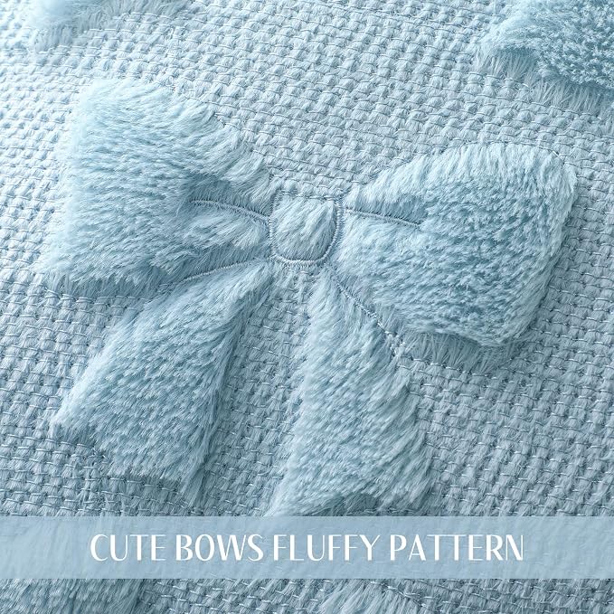 Mixweer Blue Bow Pillow Covers Set of 2 Preppy Room Decor Coquette Cute Spring Summer Decorative Faux Fur Soft Bowknot Stuff Fluffy Plush Aesthetic Pillowcase for Bed Sofa Couch (12 x 20 Inch)