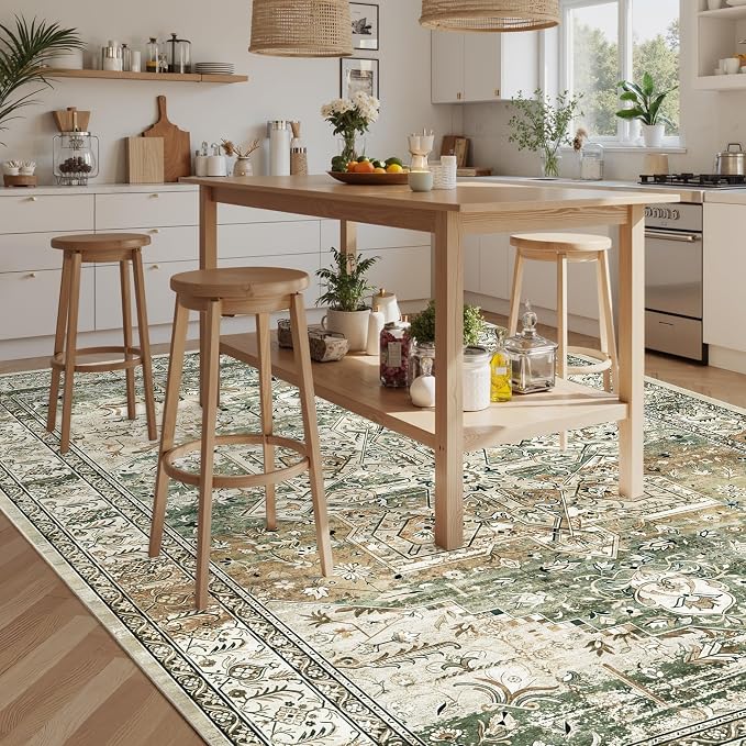Soalmost 9x12 Area Rugs for Living Room Washable Rug Non-Slip Olive Beige | Large Vintage Stain Resistant Carpet for Dining Bedroom, Low Pile Lightweight Foldable Floor Mat Nursery Home Office Decor