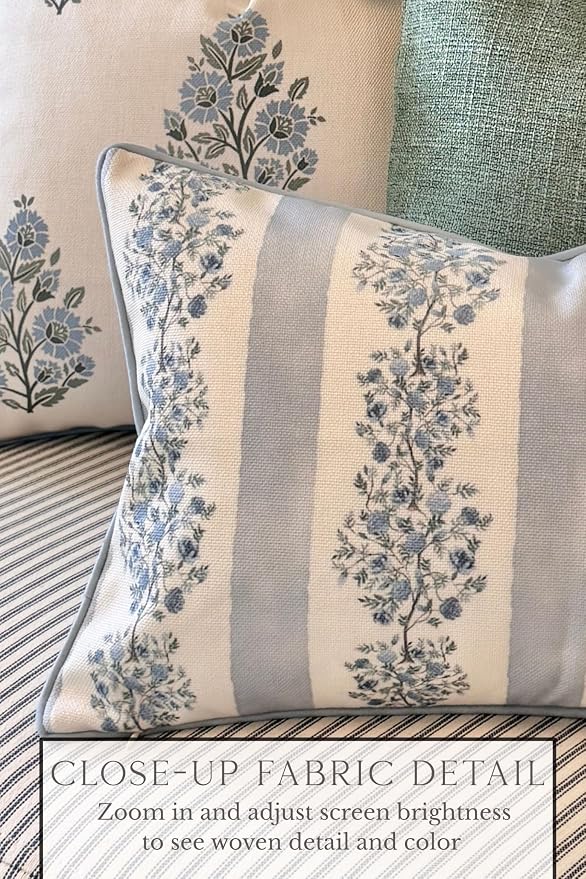 “The Juliet” Floral Block Print Pillow Cover – Soft Blue and Off-White Decorative Throw Pillow Cover – Grandmillennial Home Decor, 12"x20"