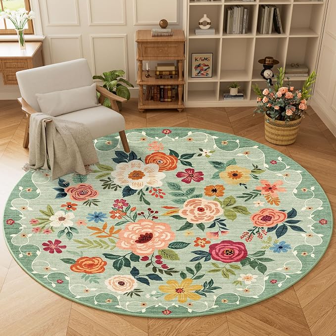 DUKINO 6ft Round Rug, Soft Washable Circle Rug for Bedroom Non Slip, Green | Low Pile, Stain Resistant Indoor Rug for Living Room, Dining Room, Kids Room, Office, Pet Friendly, Home Decor, Non-Shedding