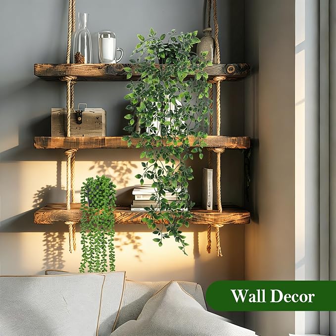 Der Rose 8Pcs Artificial Hanging Plants for Fuller Layered Wall Shelf Decor | Fake Vine Plants in black pots add bold contrast and refresh bathroom, kitchen, bedroom and ceiling decor indoor