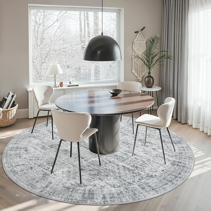 Soalmost Round Rugs 8ft Living Room Circle Area Rug 8x8 Grey Vintage | Washable Non Slip Indoor Carpet for Apartment, Dining Bedroom, Soft Low Pile Stain Resistant Foldable Floor Mat Entryway