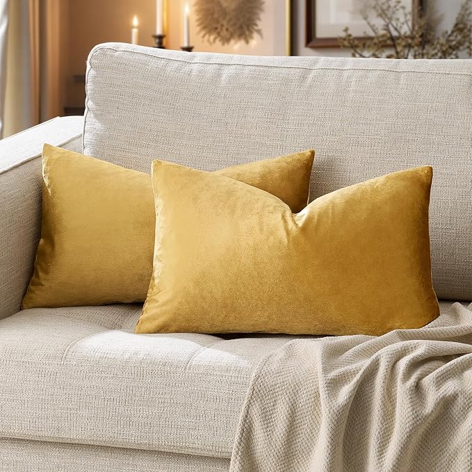 GIGIZAZA Golden Velvet Pillow Covers 12x20 Decorative Pillows Pack of 2 | Lumbar Throw Pillows for Couch Sofa,280gsm Soft Textured Fabric,Modern Pillowcases,Luxury Cushion Covers