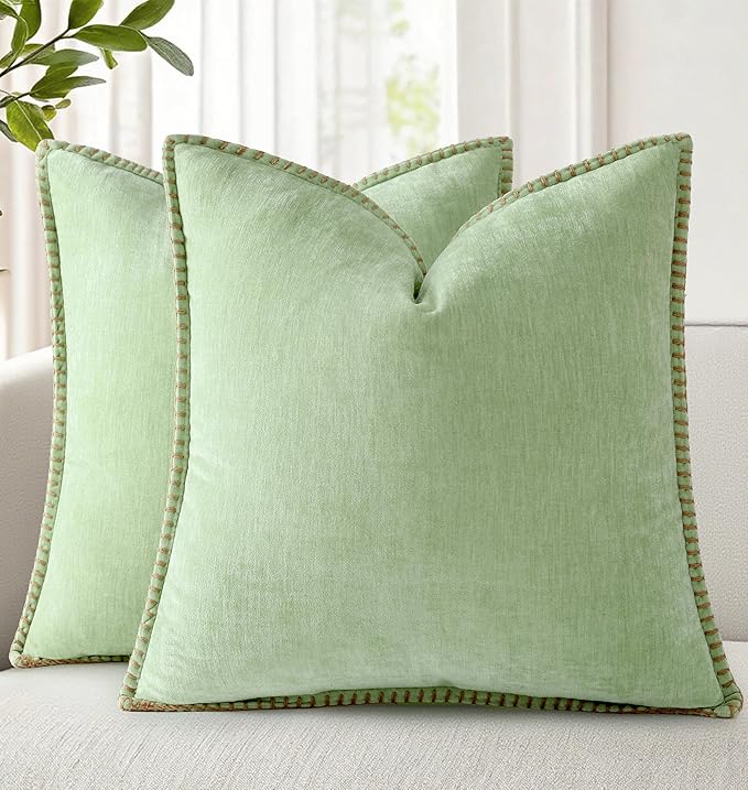 decorUhome Soft Chenille Throw Pillow Covers 24x24 Set of 2 Sage Green | Fall Textured Decorative Throw Pillow Cases Stitched Edge Modern Farmhouse Luxury Boho Velvet for Couch Sofa Bed Home Decor