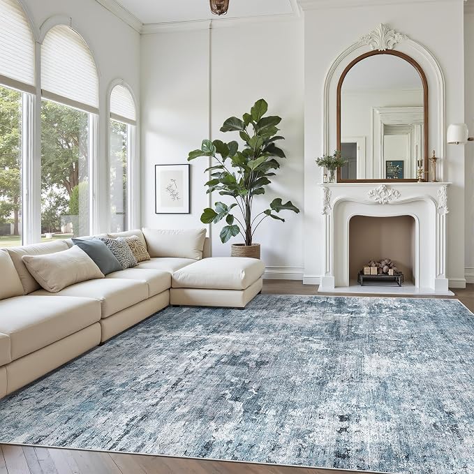 Soalmost Abstract Rug 8x12 Large Living Room Area Rugs Washable Blue/Grey | Modern Non-Slip Carpet for Dining Bedroom, Stain Resistant Foldable Thin Low Pile Floor Mat Under Table Home Office Decor