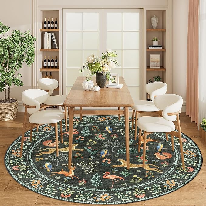 DUKINO 6ft Round Rug for Bedroom, Washable Soft Non Slip Circle Rug, Black | Low Pile, Stain Resistant, Animal Indoor Carpet for Living Room, Kitchen, Dining Room, Nursery, Farmhouse, Pet Friendly