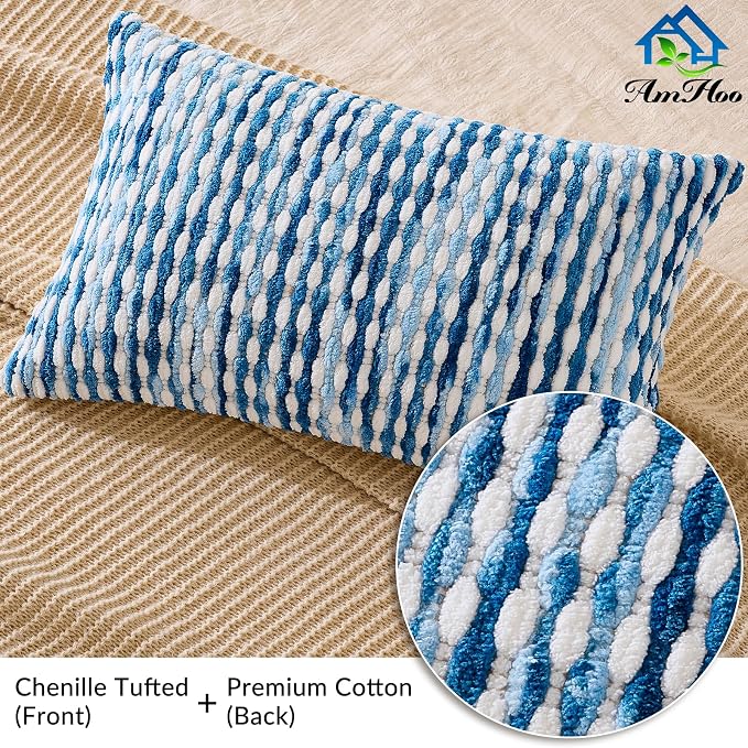 Set of 2 Boho Chenille Pillow Cover Decorative Tufted Pillowcase for Couch Bed Sofa Bedroom Living Room Modern 12 x 20-Inch Sky Blue