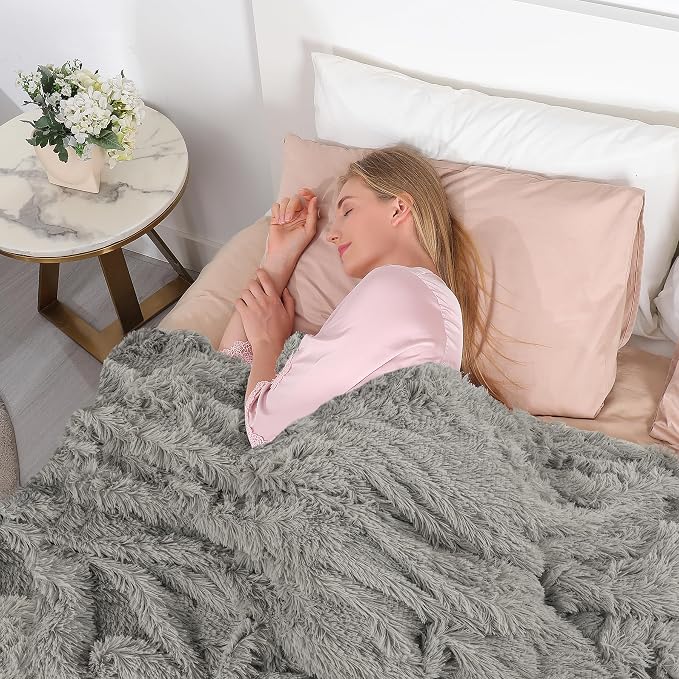 Decorative Extra Soft Fuzzy Faux Fur Throw Blanket 50" x 60",Solid Reversible Long Hair Shaggy Blanket,Fluffy Cozy Plush Comfy Microfiber Fleece Blankets for Couch Sofa Bedroom,Quiet Grey