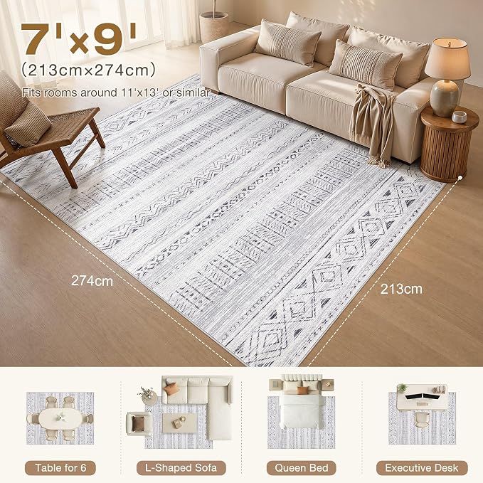 cotiled 7x9 Area Rugs Living Room Rug: Washable Boho Rugs with Non Slip Backing Large Soft Indoor Stain Resistant Carpet for Bedroom Farmhouse Dining Room Lightweight Home Decor Dark Grey