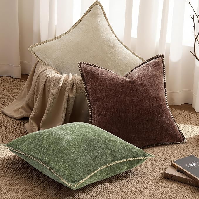 decorUhome Soft Chenille Throw Pillow Covers 26x26 Set of 2 Olive Green | Fall Textured Decorative Throw Pillow Cases Stitched Edge Modern Farmhouse Luxury Boho Velvet for Couch Sofa Bed Home Decor