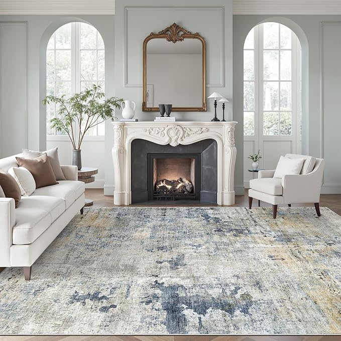 Soalmost Abstract Rug 8x10 Large Living Room Area Rugs Washable Blue/Yellow | Modern Non-Slip Carpet for Dining Bedroom, Stain Resistant Foldable Thin Low Pile Floor Mat Under Table Home Office Decor