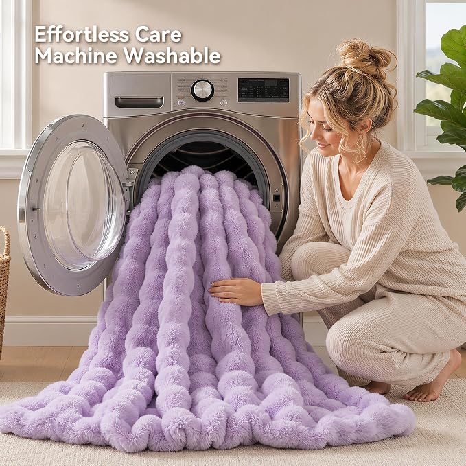 Faux Fur Throw for Couch - Light Purple Bubble Blanket 50"x60" | Fluffy Plush Fuzzy Throw for Sofa & Bed, Super Soft Cozy Comfrt Blanket, Luxury Aesthetic Purple Decor Gift for Women