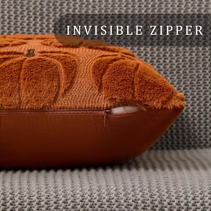 DFXSZ Fall Pillow Covers 18x18 2Pcs Rust Brown Pumpkin Fall Decorations | Fall decor Set of 2 Throw Pillow Cases Soft Plush Faux Fur Wool Couch Cushion for Chair Sofa Bedroom Living Room Home Decor