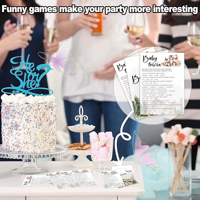 Baby Shower Games for Boy, 30 Woodland Baby Trivia Game Cards + 1 Answer Card, Safari Animals Gender Reveal Party Decorations Supplies Favors - C05