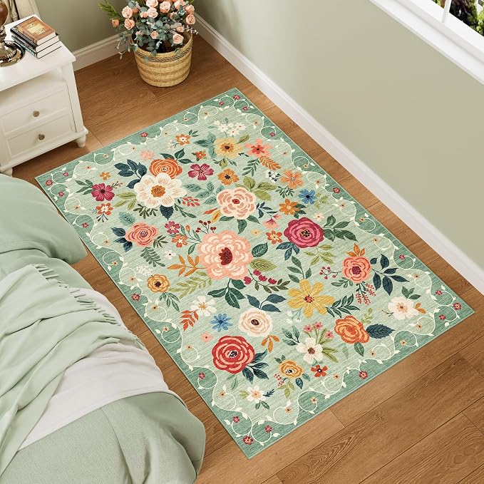 DUKINO 3x5 Area Rug, Floral Washable Rug for Bedroom Non Slip, Green | Soft, Stain Resistant Low Pile Indoor Rug for Entryway, Bedroom, Bathroom, Living Room, Pet Friendly, Home Decor, Lightweight