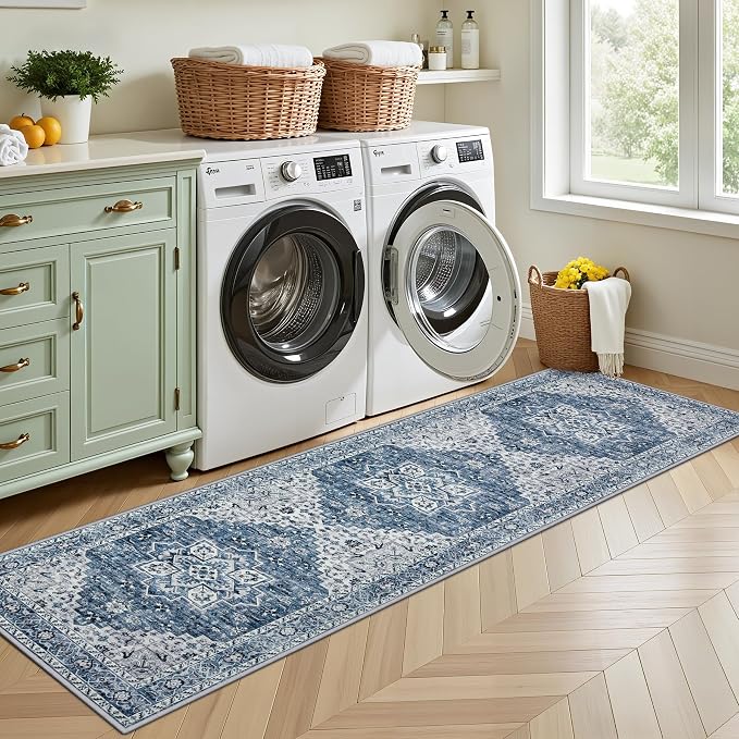 Hallway Runner Rug Non Slip - Washable 2.6x8 Kitchen Rugs for Living Room, Low-Pile Soft Bedroom Rug Indoor Floor Stain Resistant Carpets for Entryway, Laundry, Bathroom Blue