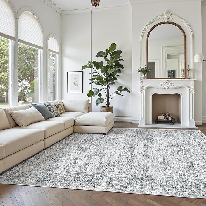 Soalmost 10x12 Area Rugs for Living Room Washable Rug Non-Slip Grey | Large Vintage Stain Resistant Carpet for Dining Bedroom, Low Pile Lightweight Foldable Floor Mat Nursery Home Office Decor