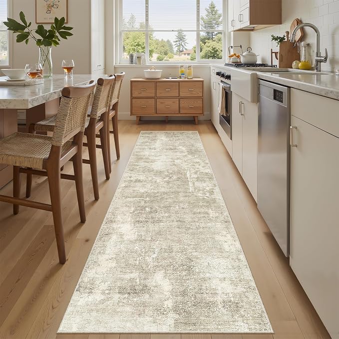 Soalmost Abstract Runner Rug 2x8 Hallway Kitchen Runners Beige/Gray | Vintage Washable Rugs for Bathroom Laundry Room, Low Pile Stain Resistant Floor Carpet Mat Entryway Corridor Bedroom