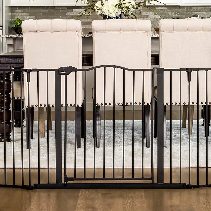 Regalo Safety 56-74.5" Super Wide Baby Gate for Doorways & Open Spaces, Wall Mounted Configurable Safety Gate with Walk-Through Door for Babies, Toddlers & Pets, Black