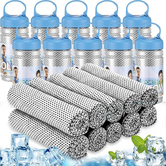 Honoson 10 Pcs Cooling Towels for Neck and Face, 47"x12" Sports Breathable Ice Towels Microfiber Chilly Sweat Rags with Portable Bottle for Gym Golf Athletes Yoga Workout Hot Weather (Light Gray)