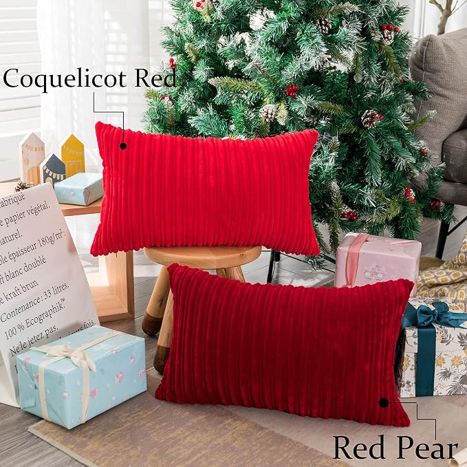 UGASA Pack of 2 Christmas Velvet Pillow Covers Striped, Soft Textured Throw Cushion Case Set, Accent Corduroy Lumbar Pillowcases with Hidden Zipper for Home Decor Indoor Outdoor (12"x20", Red)