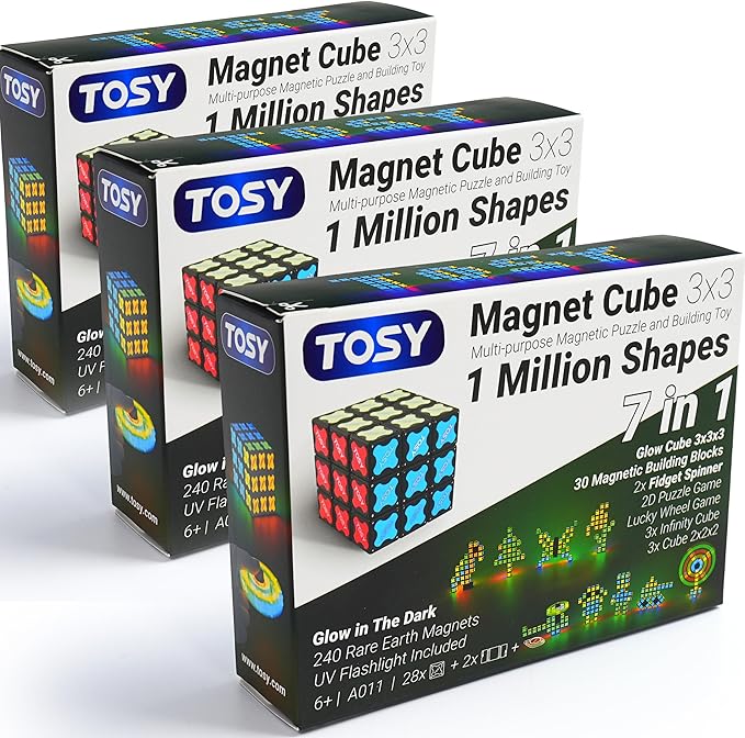 TOSY Magnet Cube 2x2 - 8 Blocks, 2 in 1 Toy: 2x2x2 Puzzle Cube and Customizable Infinity Cube, Glowing, UV Flashlight, Fidget/STEM/STEAM Magnet Tiles Birthday Gift for Kids/Teens/Adults, 4-Pack