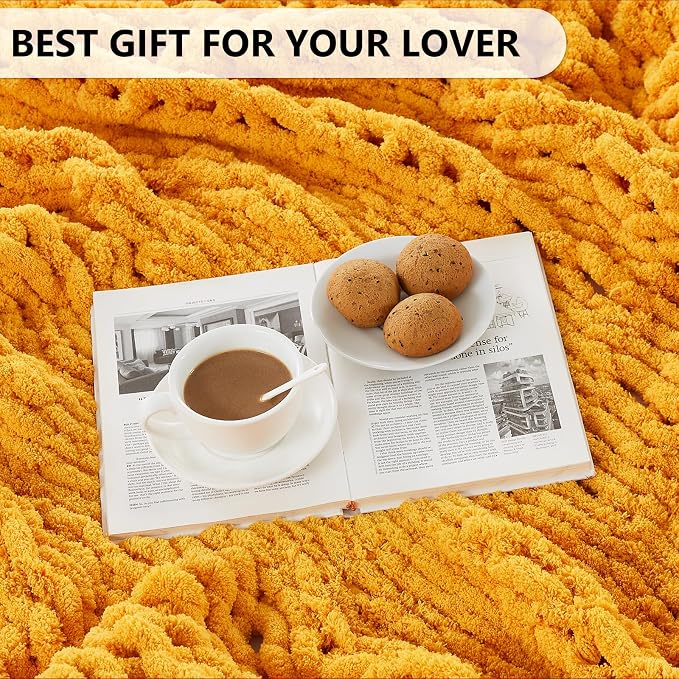 L'AGRATY Chunky Knit Throw Blanket for Couch, 40 x 50 Inches Mustard Yellow | Handmade Chenille Crochet Blanket for Sofa Bed, Thick Cable Knitted Blankets for Room Home Decor, Birthday Gift for Women Mom