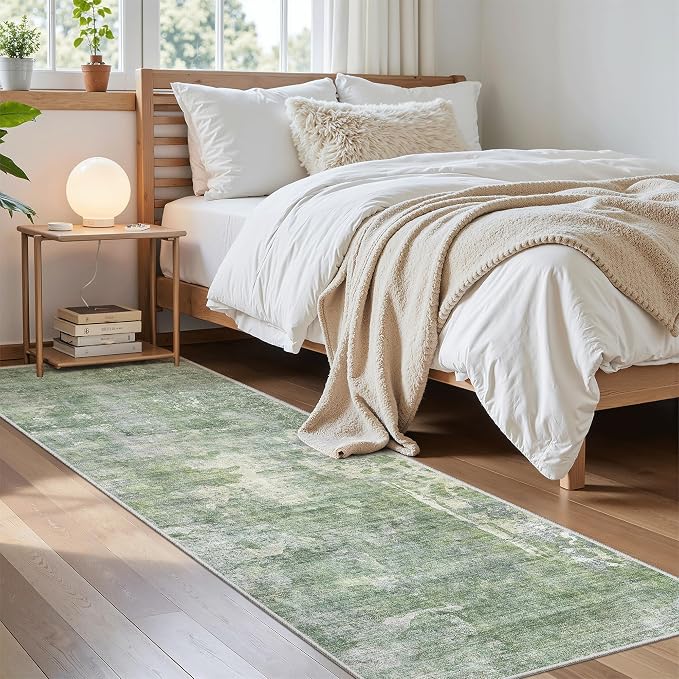Soalmost Runner Rug 2'6"x8' Kitchen Hallway Runners Abstract Green/Ivory | Washable Non-Slip 2.5x8ft Carpet Entryway Bathroom, Low Pile Vintage Foldable Floor Mat for Corridor Laundry Room Bedroom