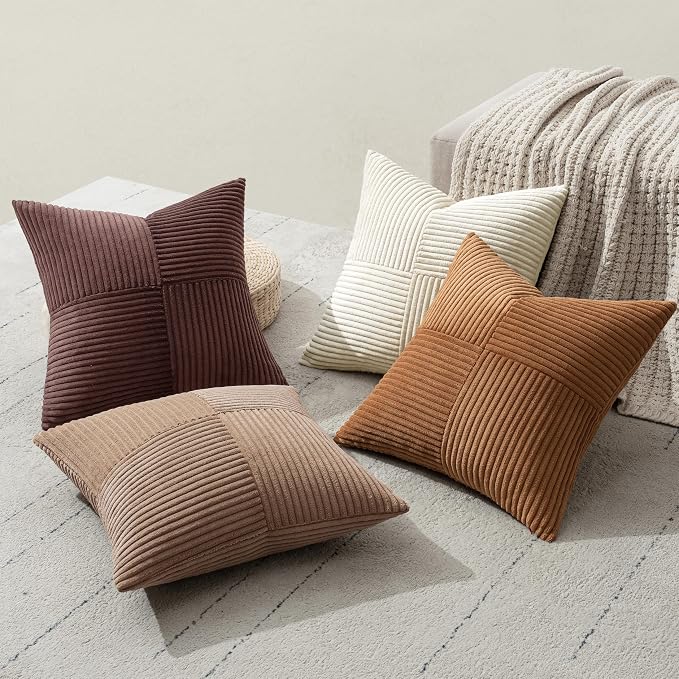 MIULEE Brown Throw Pillow Covers 18x18 Inch Set of 4 Boho Farmhouse Cushion Cases Neutral Gradient Corduroy Pillow Cases with Invisible Zipper Patchwork Home Decor for Couch Sofa Bed