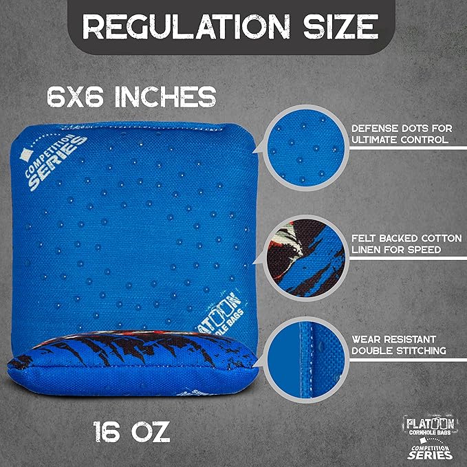Play Platoon Competition Series Cornhole Bags Set of 8 Regulation Professional Weight Double Sided Slick and Stick with Rubber Sticky Dot Slow Side for Pro Corn Hole Bean Bag Toss Game-Designed in USA
