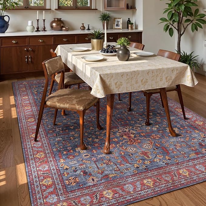 Washable Area Rug 6' x 9' Vintage Traditional Persian Mat - Foldable Distressed Non-Slip Machine Washable Carpet for Living Room Bedroom Kitchen Home Decor - Indigo and Crimson