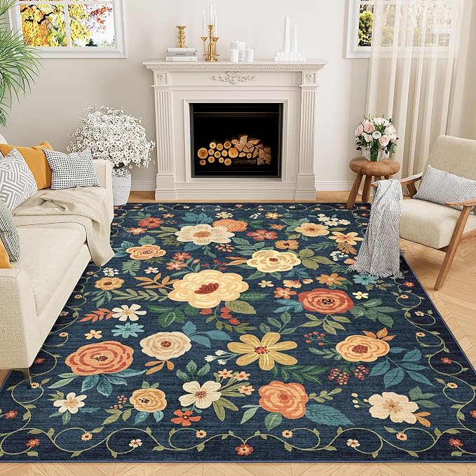 DUKINO 9x12 Area Rug for Living Room, Washable Rug Non Slip, Navy Blue | Soft, Low Pile, Floral Indoor Large Rug for Bedroom, Dining Rom, Kids Playroom, Office, Pet Friendly, Home Decor, Lightweight