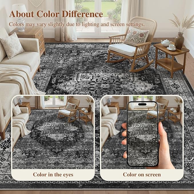 UERMEI 6x9 Area Rug Living Room Rugs - Washable Vintage Soft Large Rug Indoor Floor No Slip Rug Carpet for Bedroom Farmhouse Under Dining Table Home Office Decor - Black
