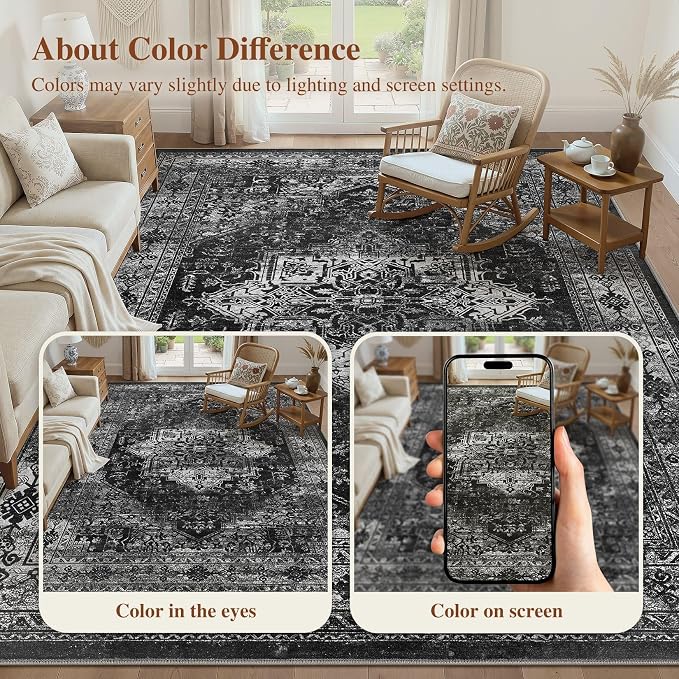 UERMEI 10x12 Area Rug Living Room Rugs - Washable Vintage Soft Large Rug Indoor Floor No Slip Rug Carpet for Bedroom Farmhouse Under Dining Table Home Office Decor - Black