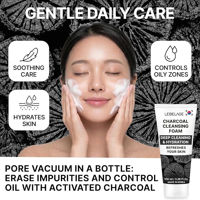 LEBELAGE Korean Charcoal Facial Cleanser 3.38 oz | Cleansing Foam Face Wash | Low pH Gentle Hydrating Daily Facial Cleanser Sensitive Skin | Deep Cleansing Foaming Cleanser, Pore Care-All Skin Types