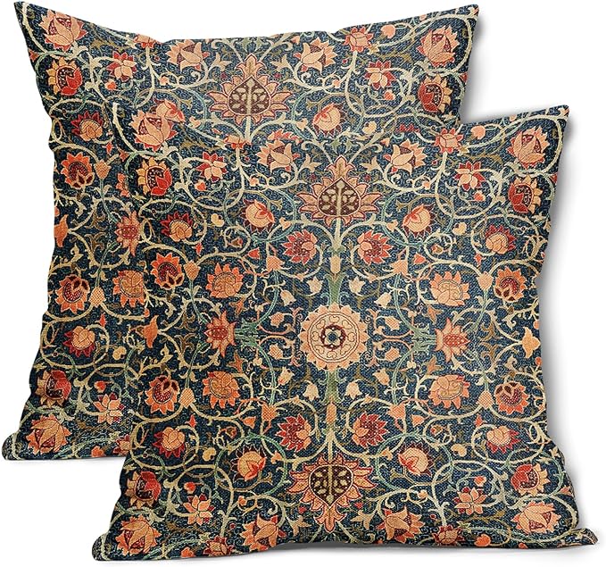 Vintage Floral Pillow Covers 20X20 Inch Set of 2 Burnt Orange Flowers Botanical Decorative Square Pillow Cases Navy Blue Art Cushion Case Farmhouse Home Decor for Sofa Couch Bedroom Outdoor