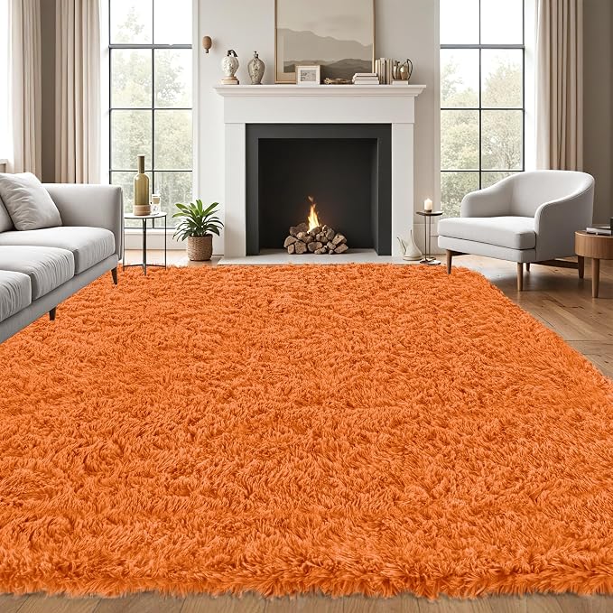 8x10 Area Rug for Living Room:Ultra Soft Fluffy Shag Brown Rugs,Large Fuzzy Plush Indoor Non Slip Carpet Washable Rug for Bedroom Kids Nursery Office Dorm Modern Decor(Orange 8'x10')