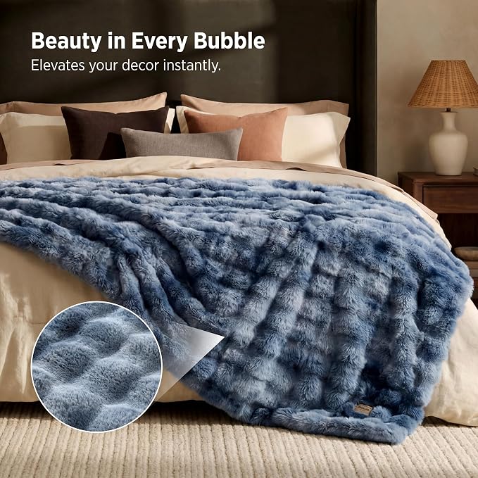 Bedsure GentleSoft Bubble Faux Fur Blankets Queen Size, Fluffy Fuzzy Queen Blanket for Bed, Soft Cozy Faux Fur Bedding for Winter, Thick Warm Plush Bed Cover, Tie-dye Blue, 90x90