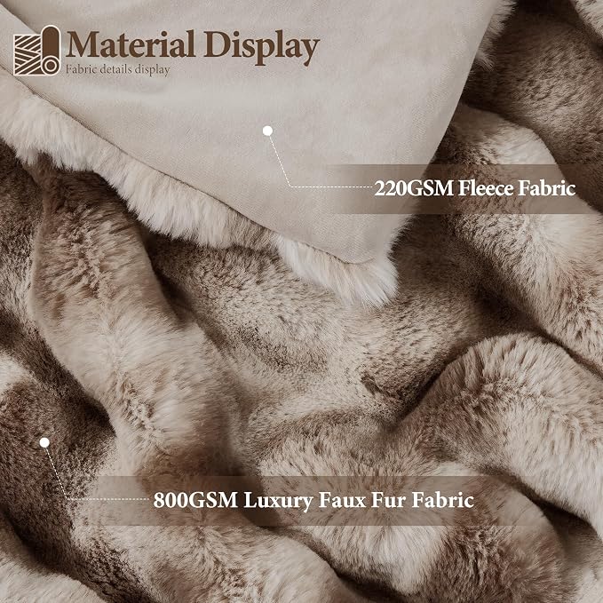 Luxury 1000GSM Rabbit Faux Fur Blanket, Super Heavy Warm Cozy Brown Blankets for Couch Bed Sofa, Ruched Plush Fuzzy Elegant Soft Reversible Mink Blanket for Living Room Bedroom, 60" x 80"