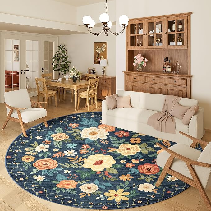 DUKINO 6ft Round Rug, Washable Circle Rug for Bedroom Non Slip, Navy Blue | Low Pile, Stain Resistant Indoor Rug for Living Room, Dining Room, Kids Room, Office, Pet Friendly, Home Decor, Non-Shedding