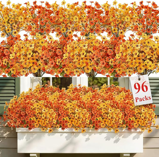 Alupssuc 96 Bundles Artificial Fall Flowers, UV Resistant Faux Mums Porch | Silk & Plastic, 13 Inch Tall, for Indoor Outdoor Planters Yard Patio Window Box, Autumn Outside Realistic Fake Decoration