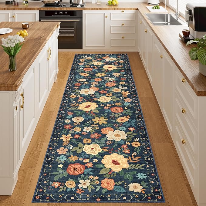 DUKINO 2.6x10 Hallway Runner Rug Washable Kitchen Rugs Non Slip, Navy Blue | Soft, Low Pile, Floral Indoor Floor Rug Runner for Entryway, Bedroom, Bathroom, Laundry, Pet Friendly, Home Decor, Ultra-Thin