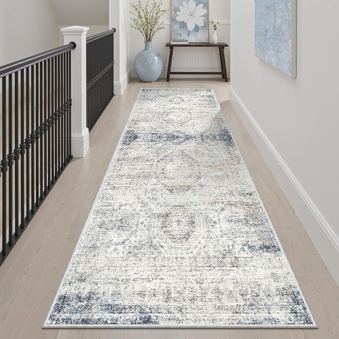 Soalmost Washable Runner Rug 2'6"x8' Kitchen Hallway Runners Blue/Ivory | Soft Non-Slip 2.5x8ft Carpet for Entryway Bathroom, Low Pile Vintage Foldable Floor Mat for Corridor Laundry Room Bedroom